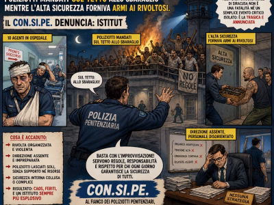 SIRACUSA: NOTTE DI FOLLIA ALLA CASA CIRCONDARIALE. 10 AGENTI IN OSPEDALE, POLIZIOTTI MANDATI SUL TETTO ALLO SBARAGLIO MENTRE L’ALTA SICUREZZA FORNIVA ARMI AI RIVOLTOSI. IL CON.SI.PE. DENUNCIA: “ISTITUTO ABBANDONATO DA MESI – SILENZIO DEL DAP E DEL PROVVEDITORATO”.